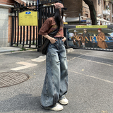 高街vibe泼墨弯刀牛仔裤男女秋季宽松破洞美式阔腿长裤YD9005-P70，男装牛仔裤，星座509