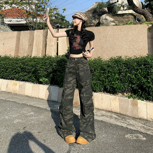 复古迷彩直筒工装裤男女秋季宽松阔腿裤简约流行拖地裤YD6602-P55图片