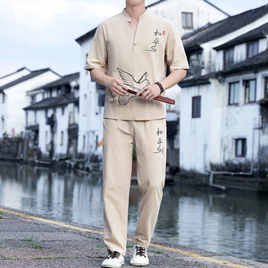夏季男士大码套装男中国风加大棉麻刺绣T恤衫绣花两件套YK513-P50图片