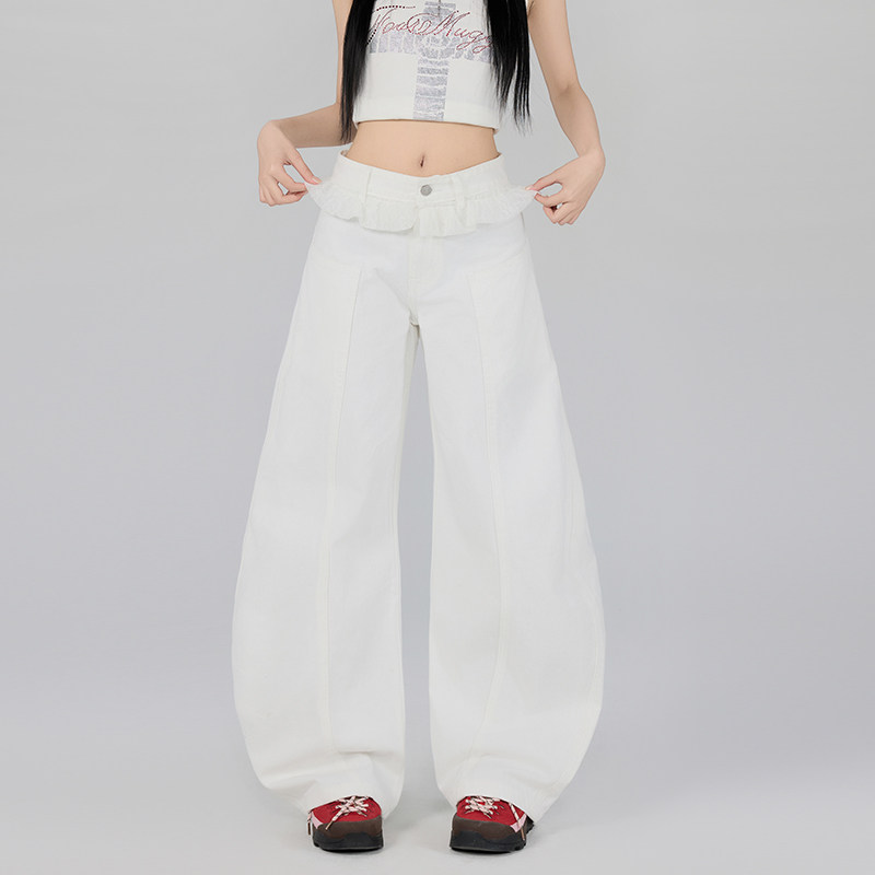 裤子小众蕾丝花边牛仔裤阔腿裤女秋季高腰直筒裤拖地裤YD9028-P65图片