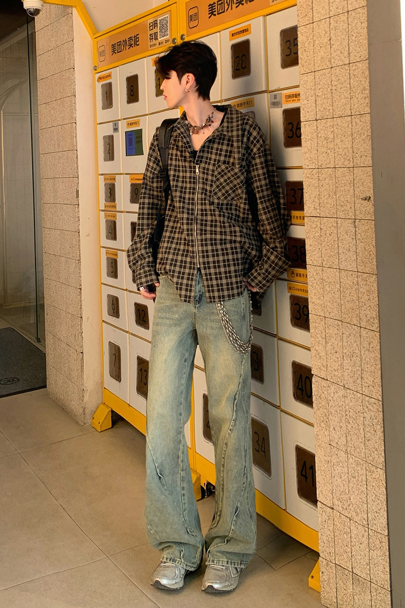 美式微喇拼接牛仔裤男复古休闲裤子秋冬高街直筒长裤YD2121-P65,男装休闲裤,星座509