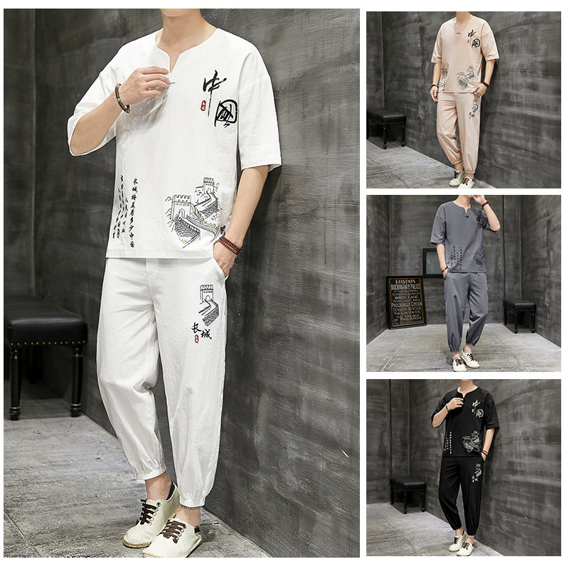 夏季棉麻套装男亚麻短袖t恤休闲半袖唐装汉服中国风衣服DS32-P45图片