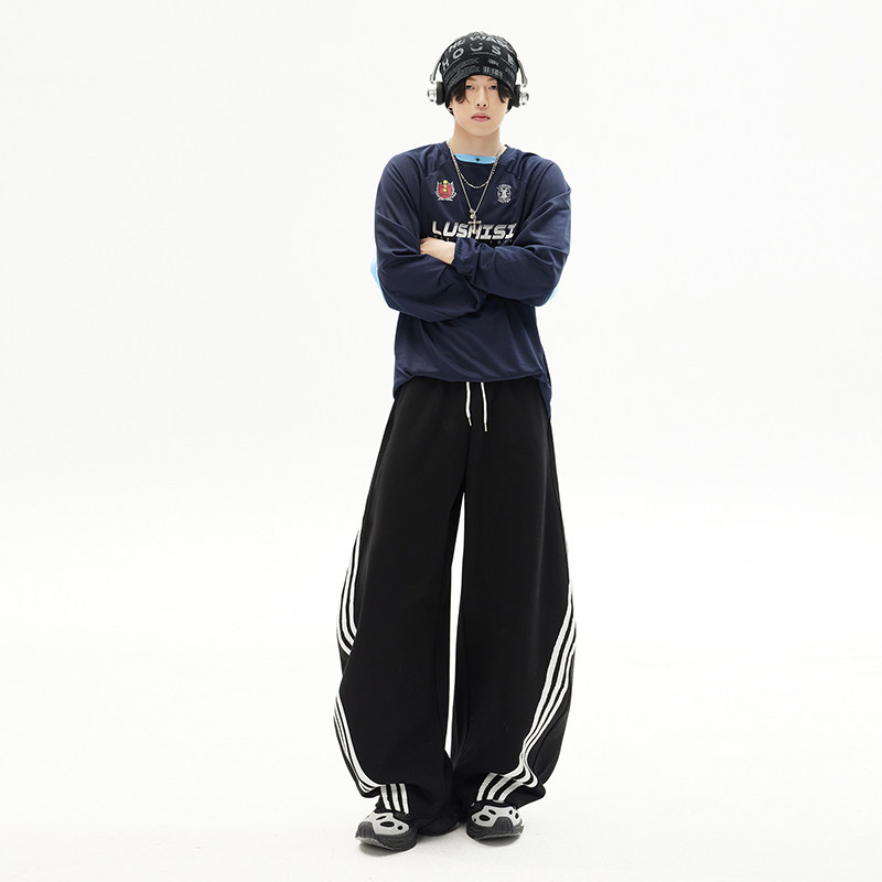 2026春季新款美式复古三条杠撞色弯刀裤宽松抽绳休闲裤YD9096-P65，男装休闲裤，星座509