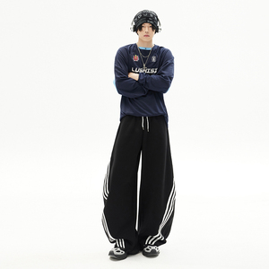 2026春季新款美式复古三条杠撞色弯刀裤宽松抽绳休闲裤YD9096-P65，男装休闲裤，星座509