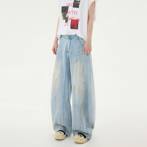 泼墨喷漆做旧阔腿牛仔裤男女2026秋季新款宽松直筒垂感YD9015-P80图片