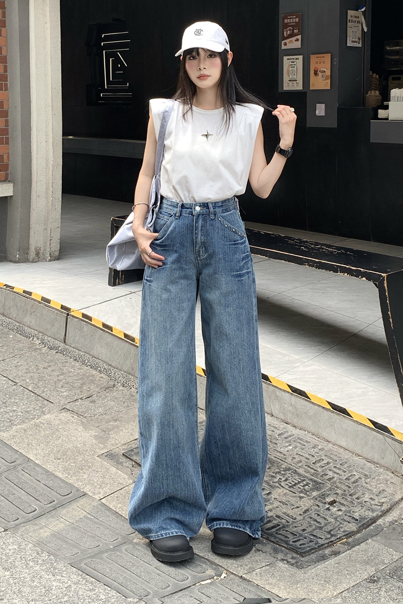 复古蓝做旧宽松阔腿牛仔裤男女秋季高腰显瘦拖地直筒裤YD9008-P70,男装牛仔裤,星座509