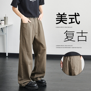 美式复古高街美拉德拼接牛仔裤男直筒宽松卡其色休闲长裤YZ32-P45图片
