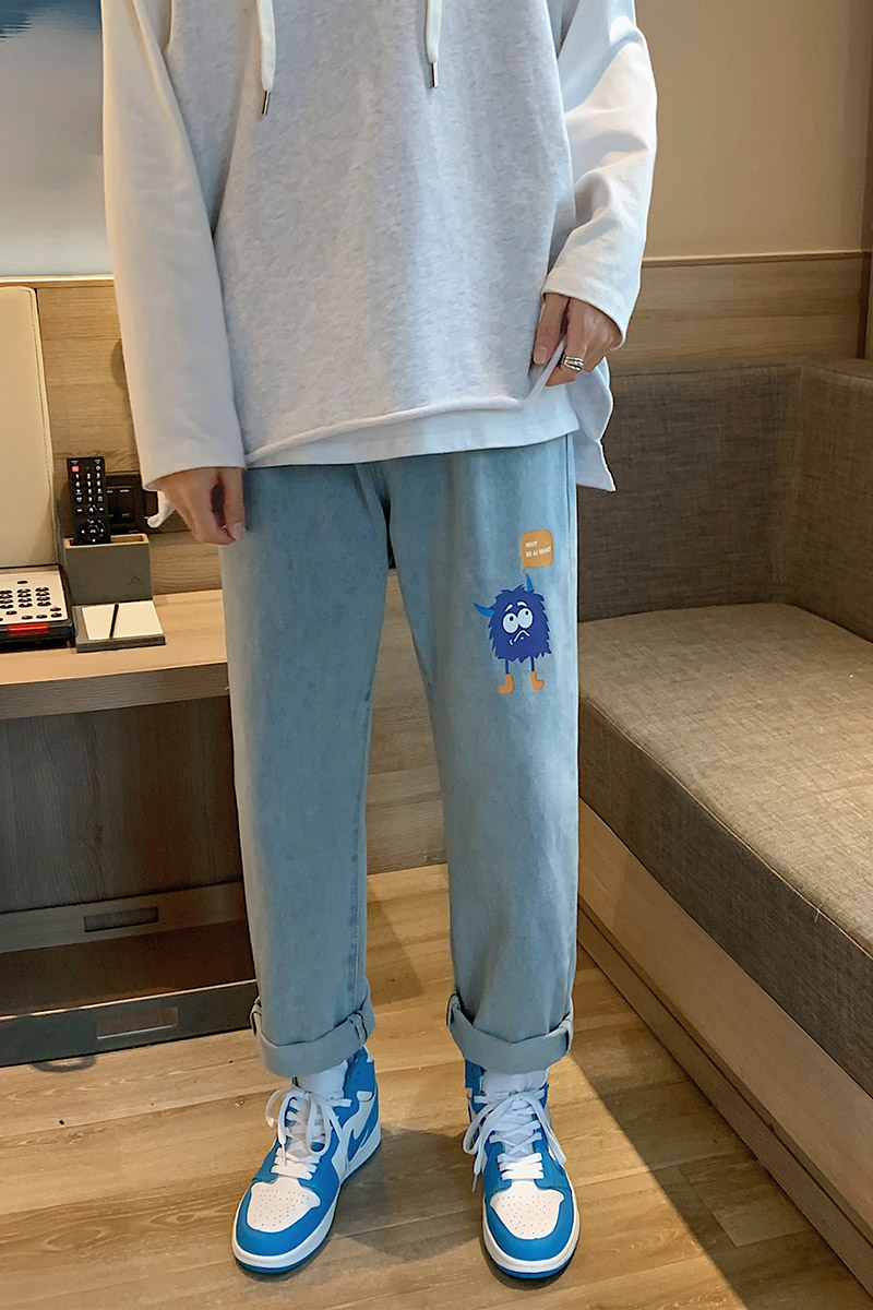 卡通牛仔裤新款盐系百搭阔腿裤宽松直筒潮ins老爹裤YZ995-P40,男装牛仔裤,星座509