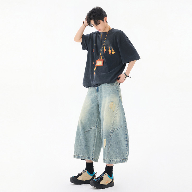美式夏季刮烂破洞弯刀水洗牛仔裤男女宽松七分裤子潮流YD701-P65,男装牛仔裤,星座509