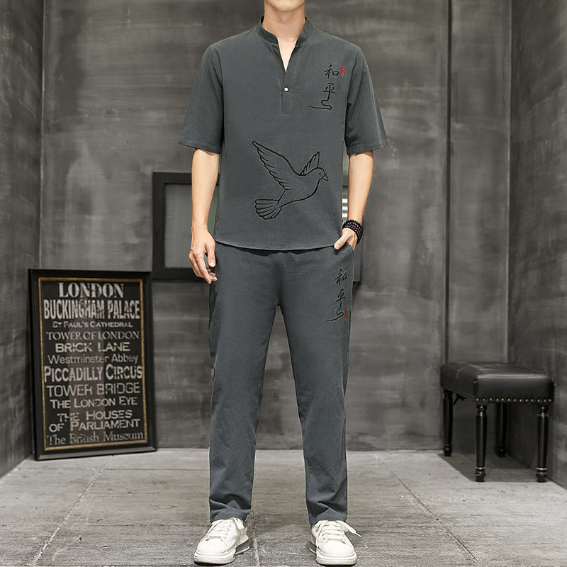 中国风男装唐装夏季刺绣短袖t恤男V领半袖汉服两件套装YK513-P50,男装T恤,星座509