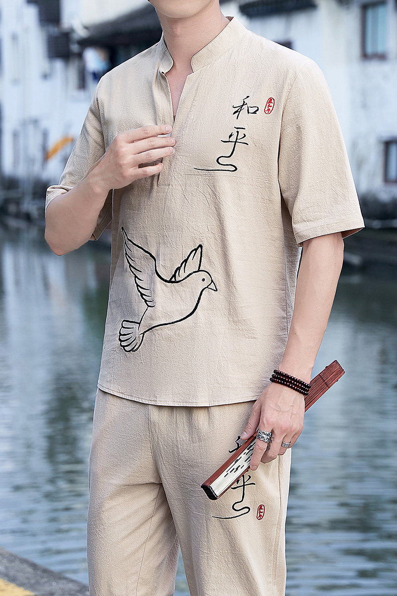 中国风短袖棉麻套装男夏季唐装剌绣复古大码盘扣两件套YK513-P50,男装T恤,星座509