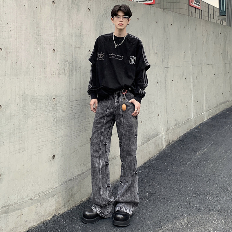 美式高街复古做旧废土风水洗褶皱微喇牛仔裤欧美阔腿裤YA125-P50，男装牛仔裤，星座509