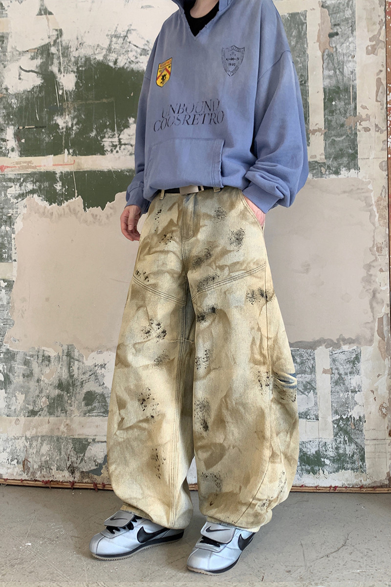 hiphop脏染做旧直筒牛仔裤男女高街宽松垂感拖地阔腿裤YD9033-P80,男装牛仔裤,星座509