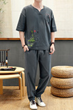 中国风男装夏季亚麻短袖t恤半袖汉服上衣服宽松两件套装DS31-P45，男装T恤，星座509