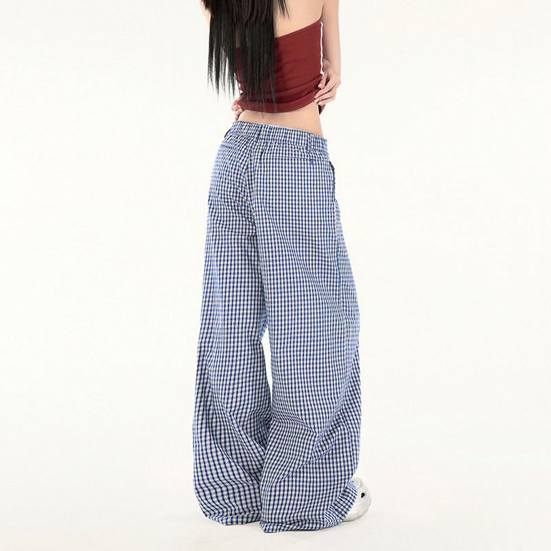蓝色格子裤薄款休闲裤女秋季美式松弛感宽松阔腿长裤子YD9019-P55,男装休闲裤,星座509
