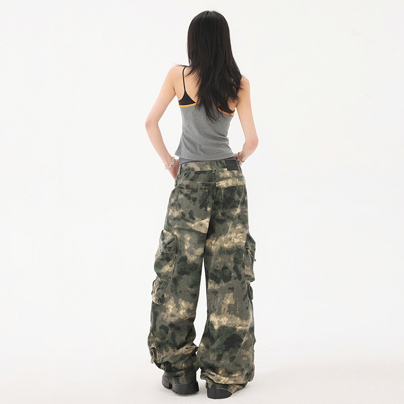 美式复古迷彩工装裤女秋季新款口袋宽松直筒阔腿裤子潮YD312-P90,男装工装外套,星座509