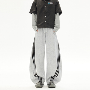 美式浅灰色运动抽绳弯刀休闲裤女高腰宽松显瘦垂感卫裤YD9096-P65，男装休闲裤，星座509