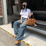 牛仔裤男女秋季美式复古脏染蓝宽松直筒弯刀阔腿长裤YD9011-P80，男装牛仔裤，星座509