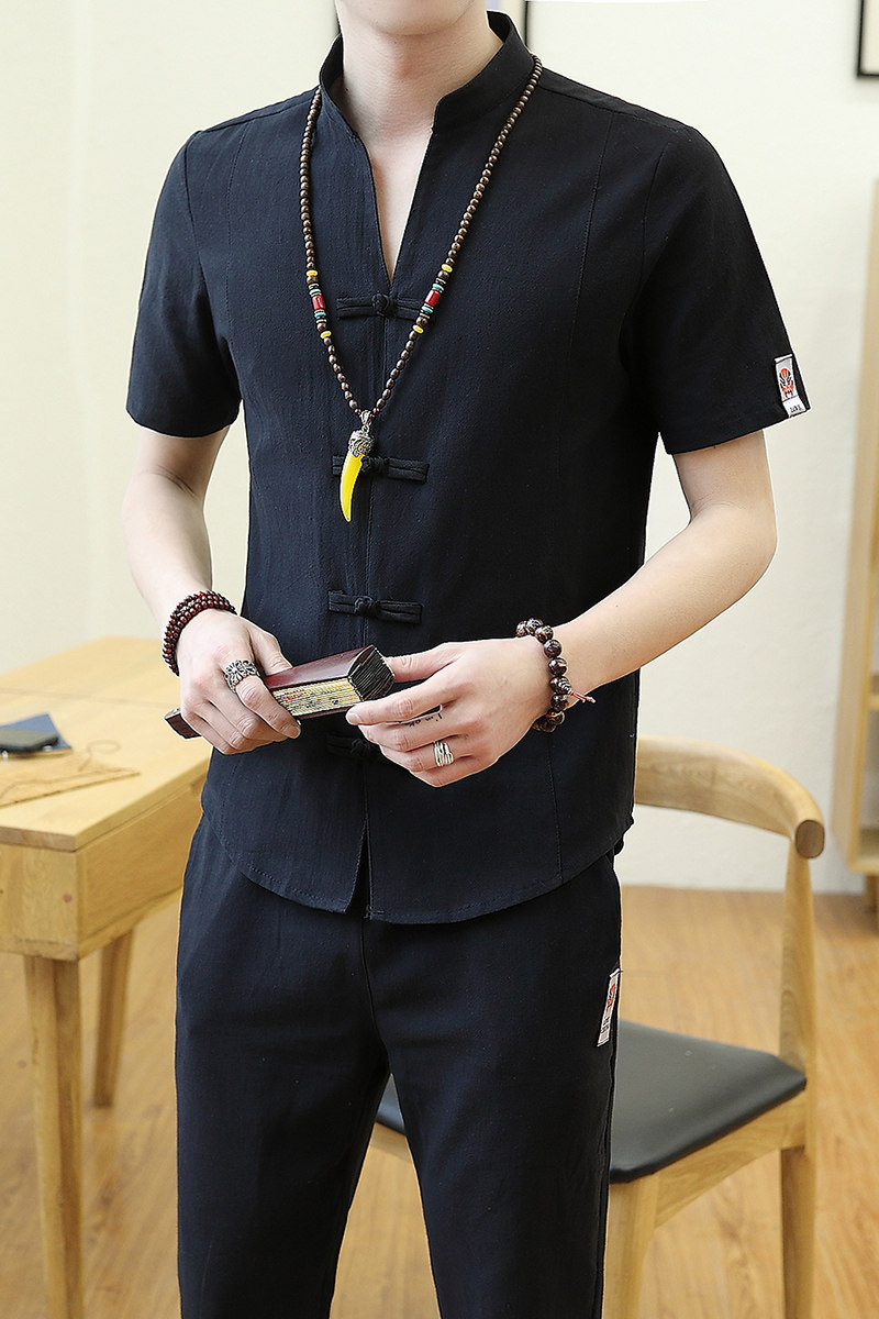 夏季男士套装中国风复古青年V领棉麻短袖t恤亚麻两件套TZ019-P50,男装T恤,星座509