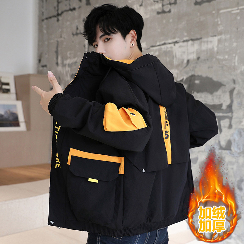 外套男炸街工装夹克青少年韩版潮流连帽冬装痞帅加绒加厚C87-P60图片
