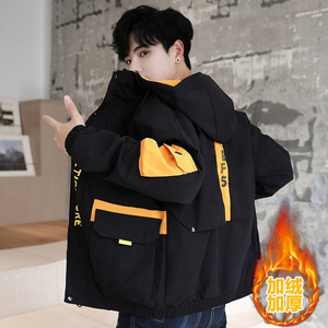 外套男炸街工装夹克青少年韩版潮流连帽冬装痞帅加绒加厚C87-P60图片