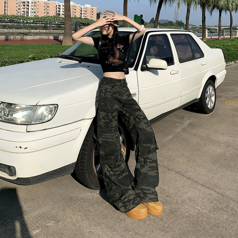 复古迷彩直筒工装裤男女秋季宽松阔腿裤简约流行拖地裤YD6602-P55,男装牛仔裤,星座509