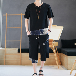 男士短袖t恤一套夏季潮牌风潮流宽松棉麻汉服套装Y图片