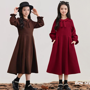女童红色连衣裙冬季加绒中大童洋气高级感公主裙儿童新年衣服裙子