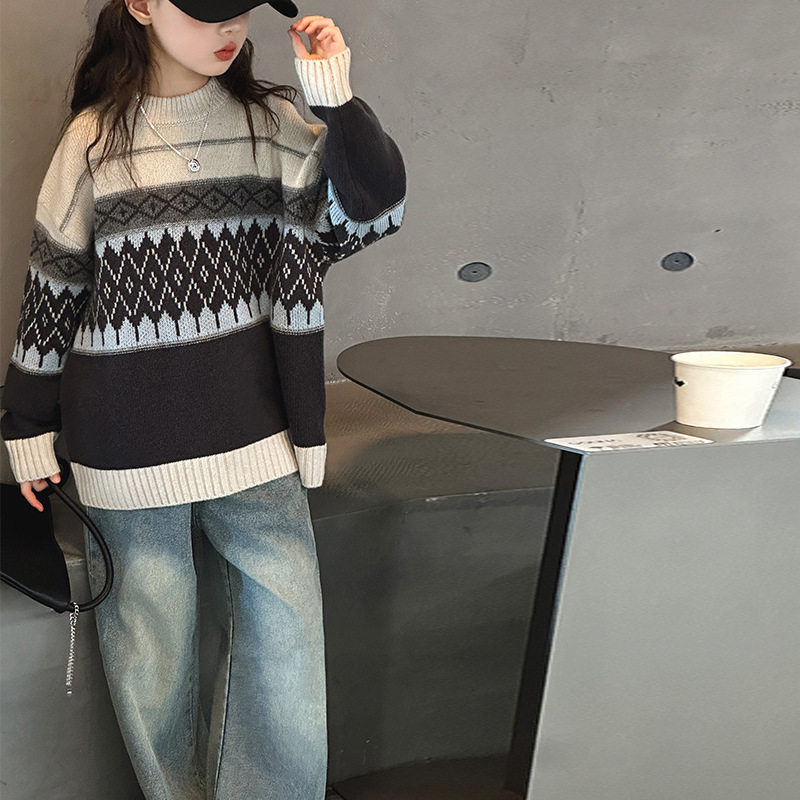 女童毛衣春秋2025新款韩版儿童套头菱形针织衫女孩大童秋冬打底衫