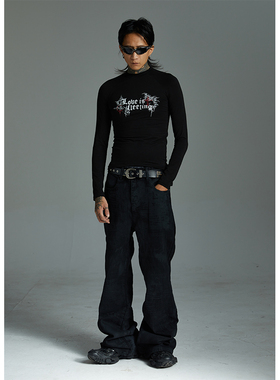 ATSF30 RO大喇叭黑色纯色牛仔裤刷胶做旧水洗手工