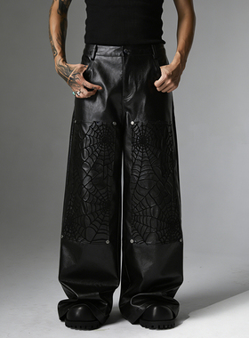 ATSF30套装轻朋克风蜘蛛网皮裤男宽松长裤黑色酷感街头潮流