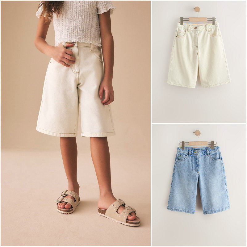 英国Next正品亲子装26夏新女童大女孩超柔软舒适白色蓝色牛仔短裤