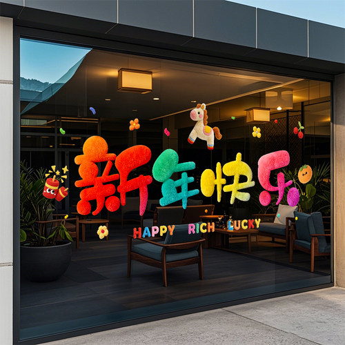2026马年窗贴画静电贴纸新年窗花装饰元旦玻璃贴门贴春节过年布置