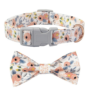 狗狗项圈可调节碎花棉布颈圈牵引绳遛狗绳狗链领结蝴蝶结金毛泰迪