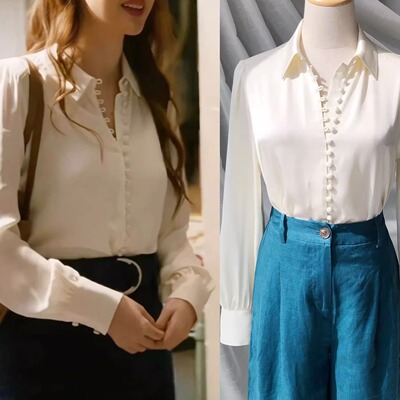 天仙的温柔·玫瑰故事刘亦菲同款真丝双乔缎包扣衬衫