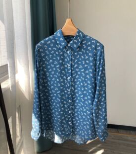 浪漫小碎花Se经典复古雾蓝底色文艺小花真丝长袖衬衫24春季新包邮