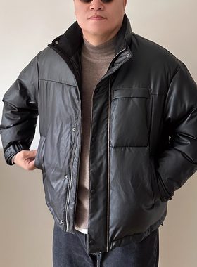 大依无忧大码男装冬季加厚保暖胖人加肥加大男士短款立领PU羽绒服