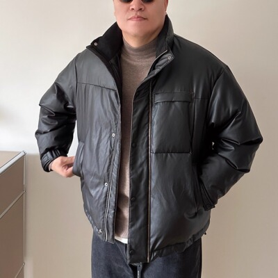 大依无忧大码男装冬季加厚保暖胖人加肥加大男士短款立领PU羽绒服