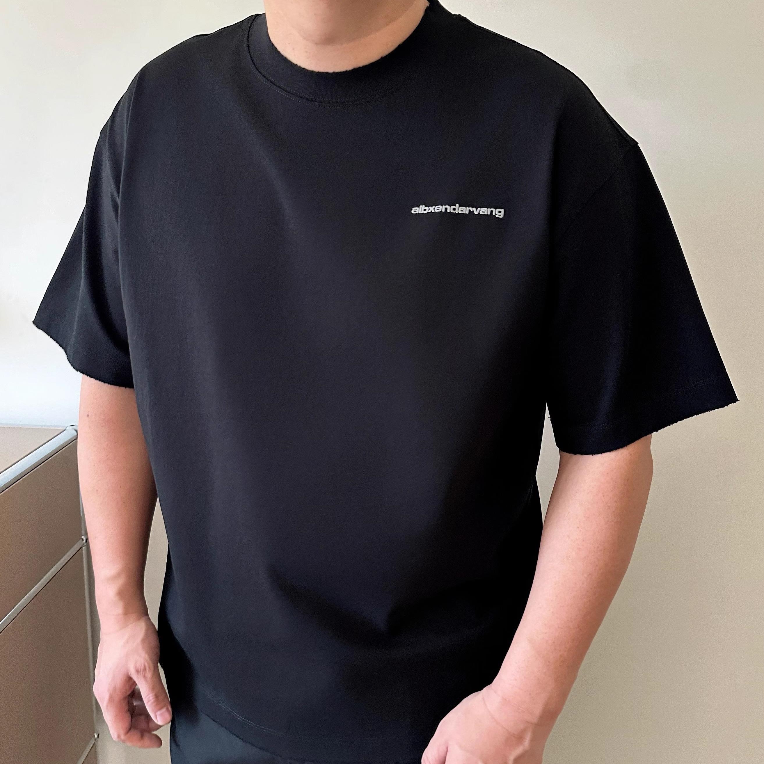 DAEVU夏季大码男装重磅廓版磨边胖子加肥加大男士圆领短袖T恤半袖