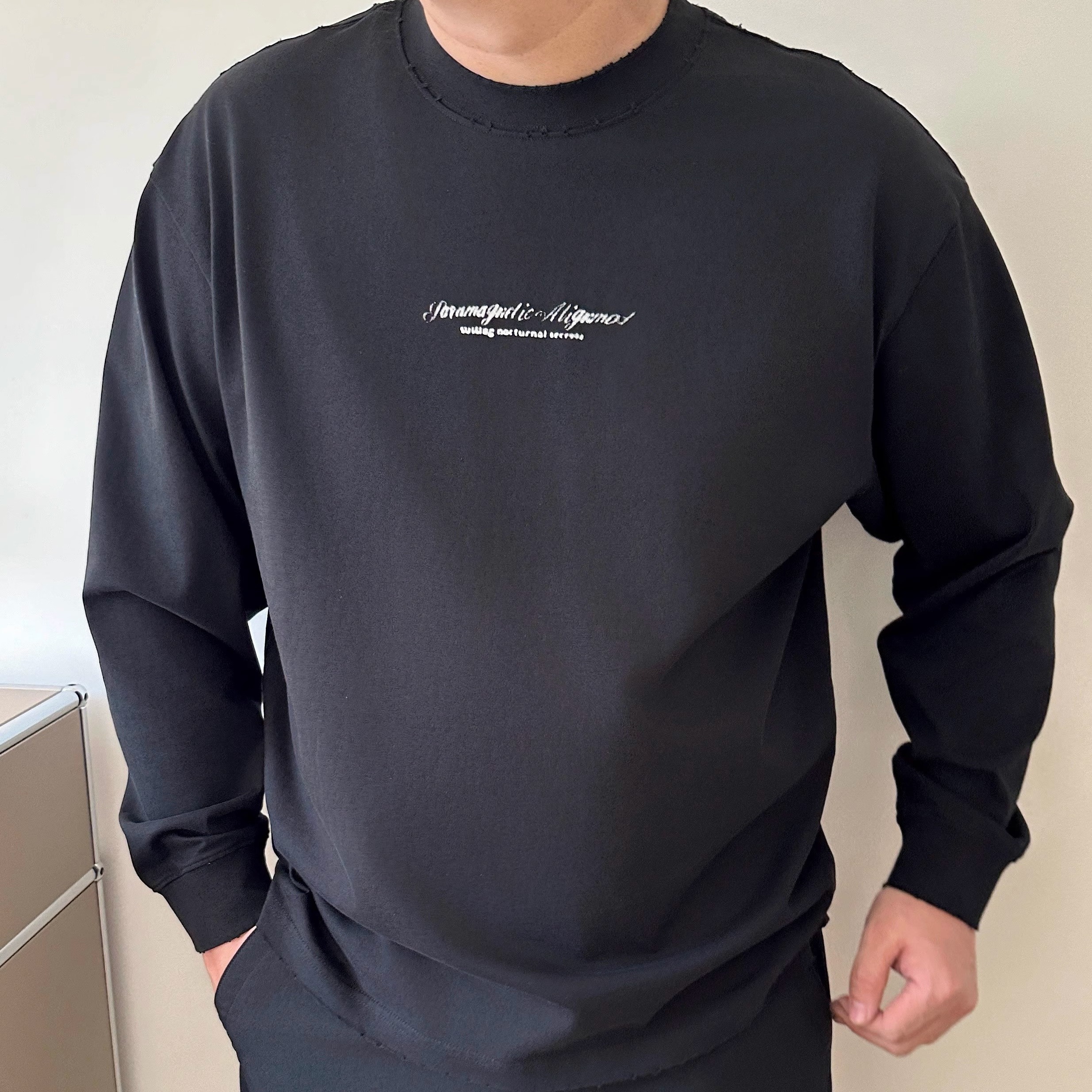 DAEVU大码男装春秋重磅廓版洗水磨破潮款加肥加大男款圆领长袖T恤