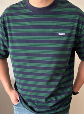 大依无忧夏季大码男装绿色条纹宽松加肥加大圆领男士短袖t恤半袖
