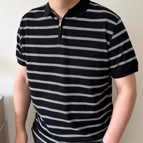 DAEVU夏季大码男装条纹半拉链胖人加肥加大男士短袖翻领t恤polo衫