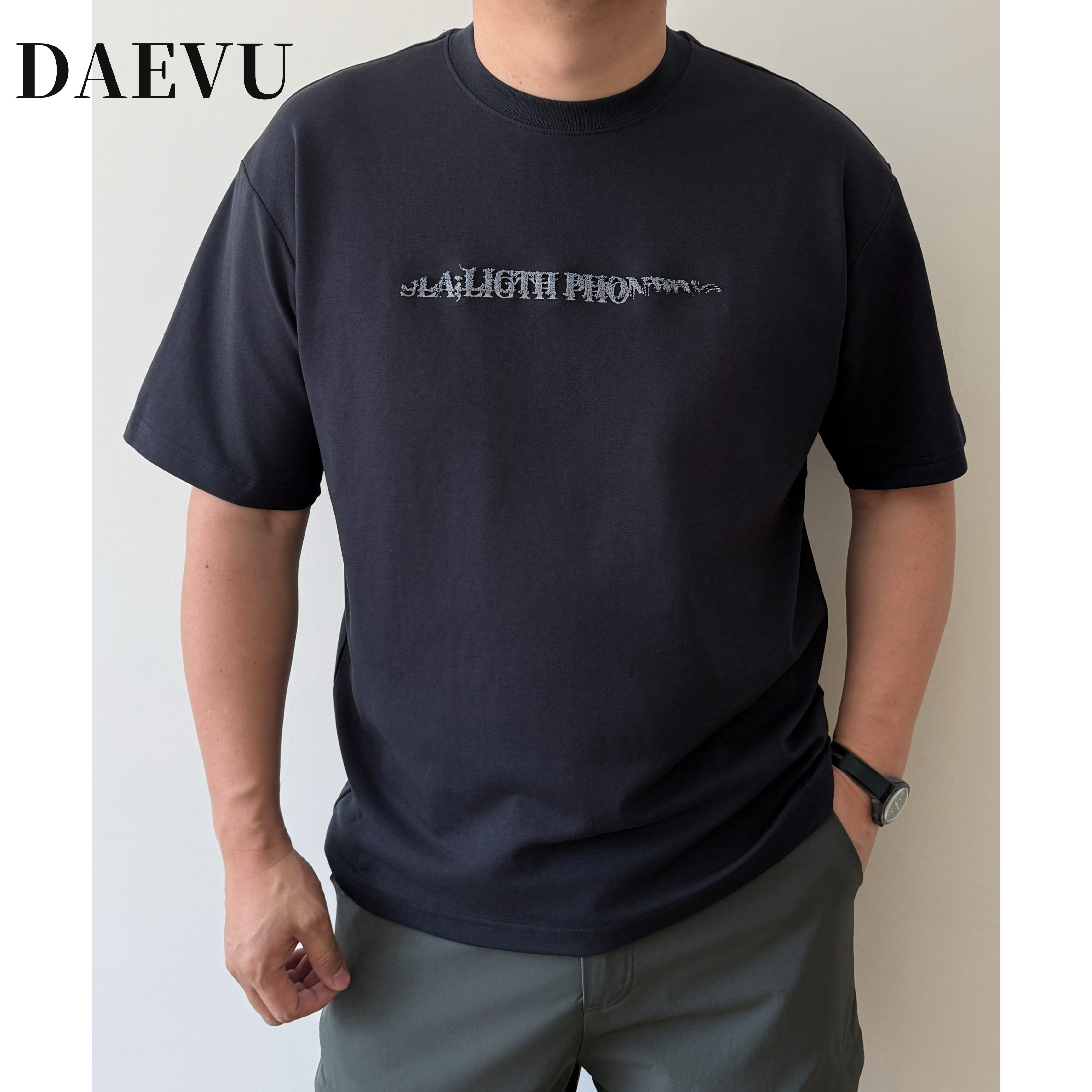 DAEVU大码男装夏季字母薄料舒适胖子加肥加大男士圆领短袖T恤半袖
