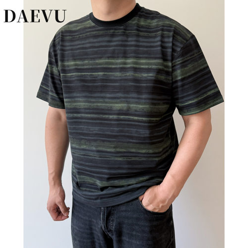 大依无忧夏季新款渐变条纹潮胖子大号加肥加大码圆领男士短袖t恤
