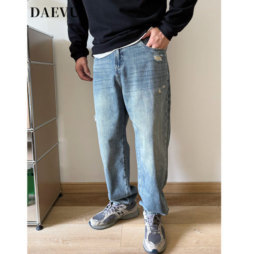 DAEVU大码男装春秋新款破洞浅蓝水洗廓版宽松加肥加大男士牛仔裤