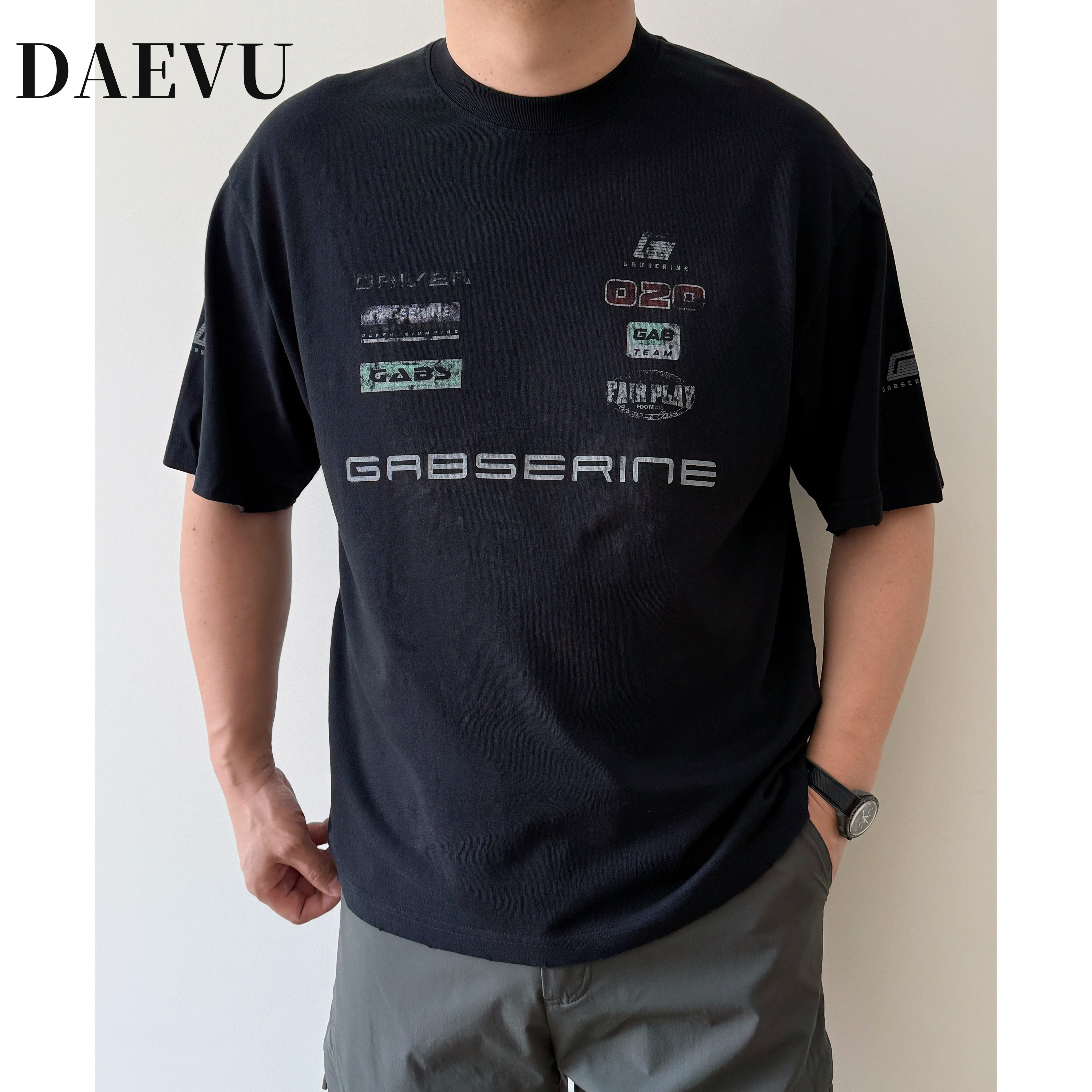 DAEVU大码男装夏季薄料洗水舒适胖子加肥加大男士圆领短袖T恤半袖
