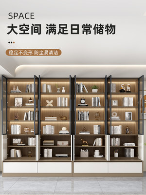 书柜定制客厅整墙一体到顶书架满墙柜玻璃可座展示柜奶油风手办柜