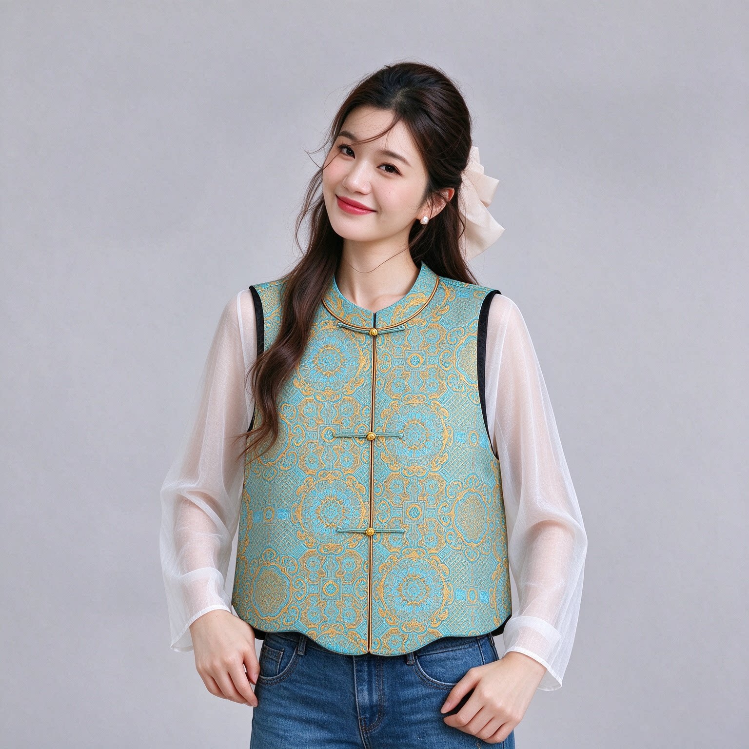 深圳南油大牌海蓝之谜提花马甲女新中式无袖圆领高端气质背心马夹