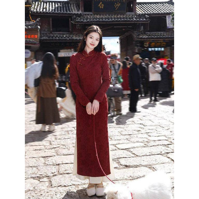 【红眉】新年红色改良旗袍女春订婚敬酒新中式针织修身长袖连衣裙