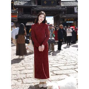 【红眉】新年红色改良旗袍女春订婚敬酒新中式针织修身长袖连衣裙